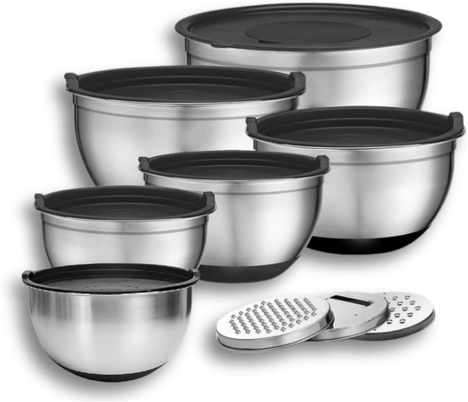 Gourmetific® Stainless Steel Mixing Bowl Set with Lids, Nesting Kitchen Prep Bowls, Non-Slip Base, Durable Stainless Steel Salad & Baking Bowls Set (Black)