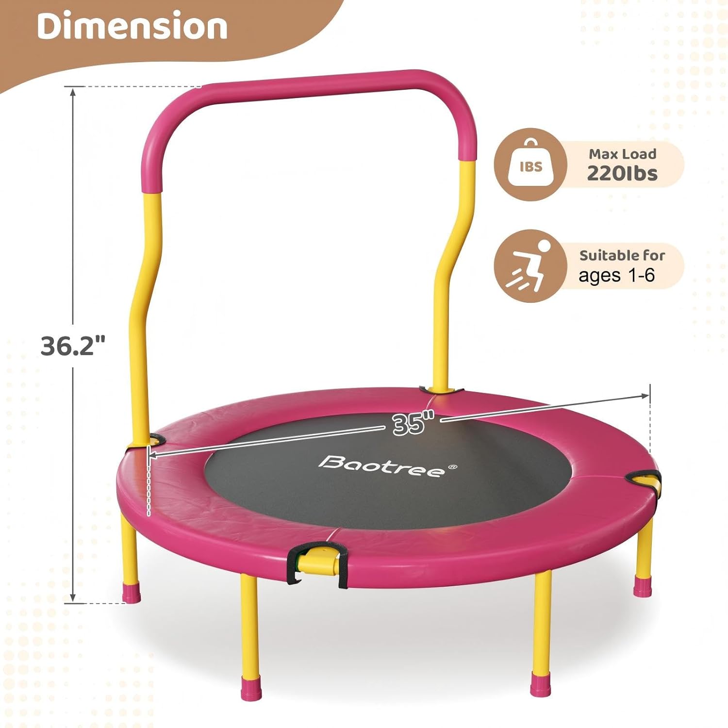 36 Inch Mini Trampoline for Kids, Indoor Outdoor Trampoline with Foam Handle, Max. Load 220 lb, Rebounder Trampoline for Toddlers, Birthday Gift for 1-6 Years Children, Boys Girls for Fun Pink image 3 of 6 B0F9YD3PJN