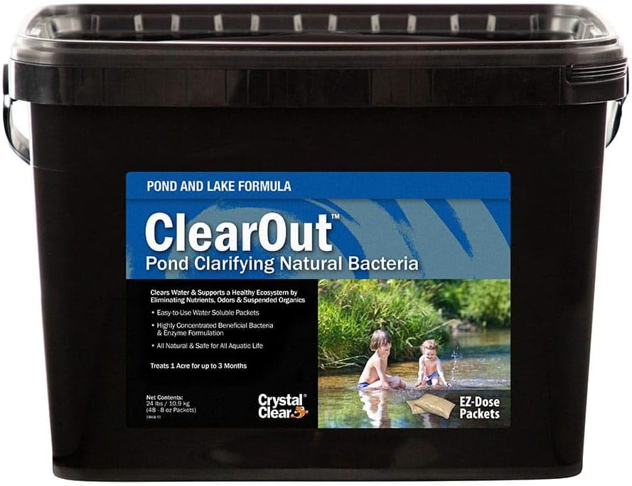 CrystalClear ClearOut Pond Clarifier, Cleans Water & Eliminates Odor, Natural & Easy to Use Bacteria & Enzyme Packets, Safe for The Environment, Treats 1/4 Acres, 3 Month Supply, 12 Packets, 6 lbs