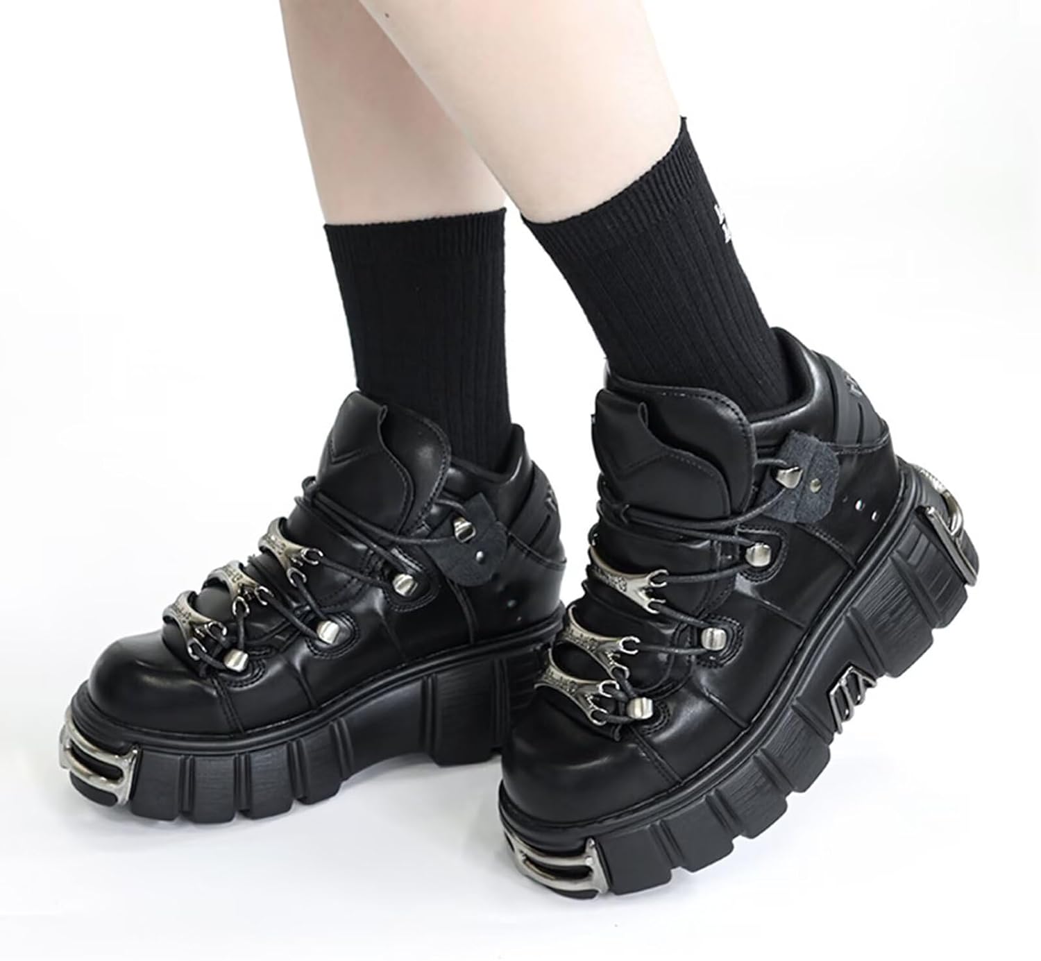 Agodor Chunky Platform Sneakers for Women, Y2K Gothic Punk Lace-Up Biker Boots with Metal Buckle, Thick Sole Black Combat Style Goth Boots Fashion Streetwear Ankle Bootie - Image 2