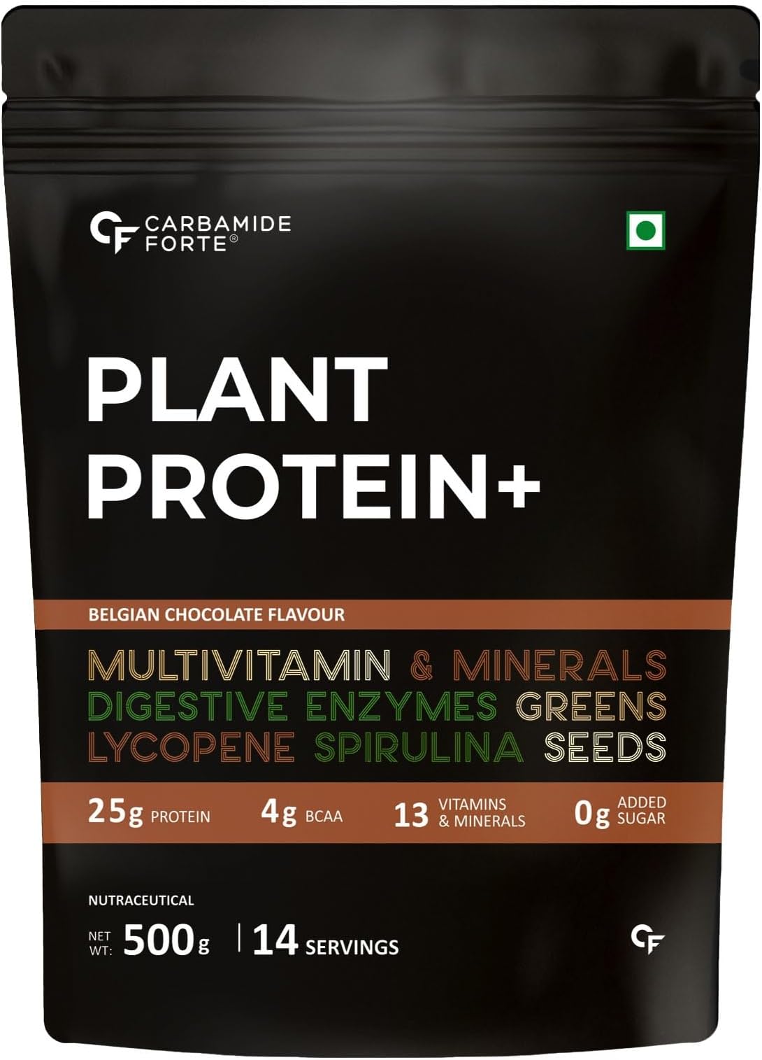 Carbamide Forte Plant Protein Powder - Plant Based Protein Powder with Multivitamin, Minerals, Superfoods, Pea Protein, Digestive Enzymes | Plant Protein Powder - Belgian Chocolate Flavour - 500g
