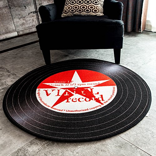 Carvapet Rock Star Music Record LP Vinyl Retro Black CD Non-Slip Creative Design Round Area Rug, Red/White, 2'7