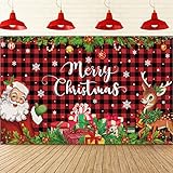 Vintage Christmas Backdrop Banner Polyester Merry Christmas Photo Background Red Black Buffalo Check Plaid Santa Claus Backdrop Decoration for Xmas Holiday Party Photo Booth Decor, 72.8 x 43.3 Inch