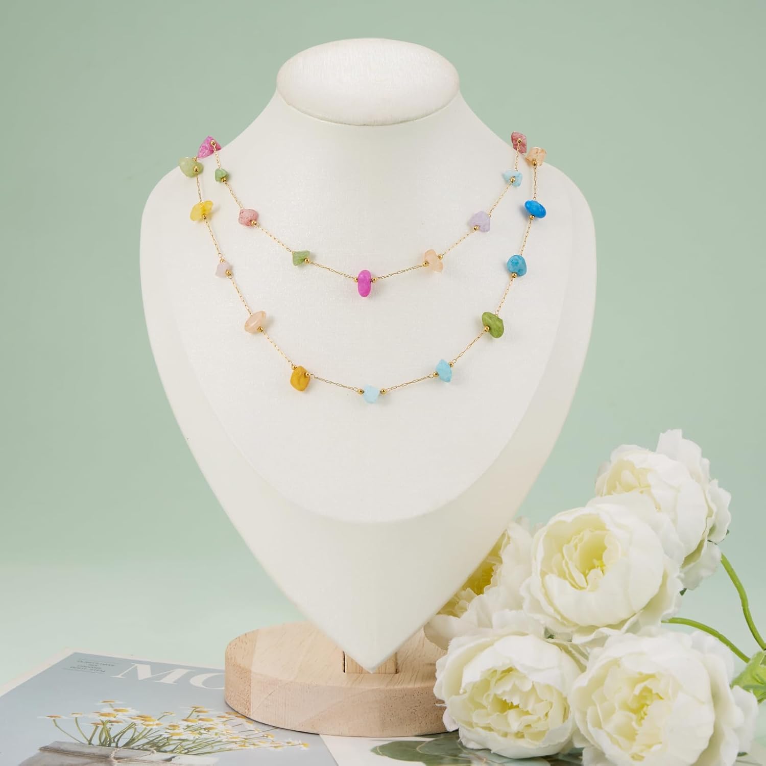 KYUNHOO 4 Meters Colorful Chains for Jewelry Making Irregular Stone Chain Links Gold Plated Stainless Steel Jewelry Roll with Lobster Clasps Jump Rings