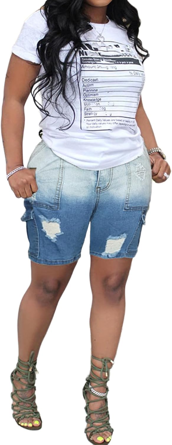 Cargo Shorts Women Stretchy High Waist Baggy Straight Wide Leg Casual Cargo Jean Shorts with Pockets