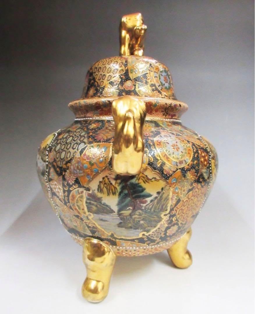 蓋付金襴手細密人物図三足飾壺 薩摩焼 明治時代 色絵 金彩 香炉