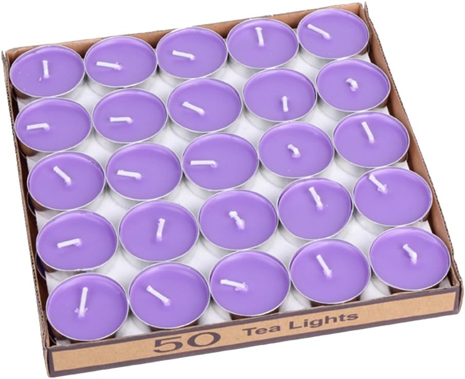 LANKER 50 Pack Mini Tea Lights Candles - Unscented - Smokeless - 2 Hour Burn Time - Decoration for Wedding, Party, Dating and Festival Celebration (Purple)