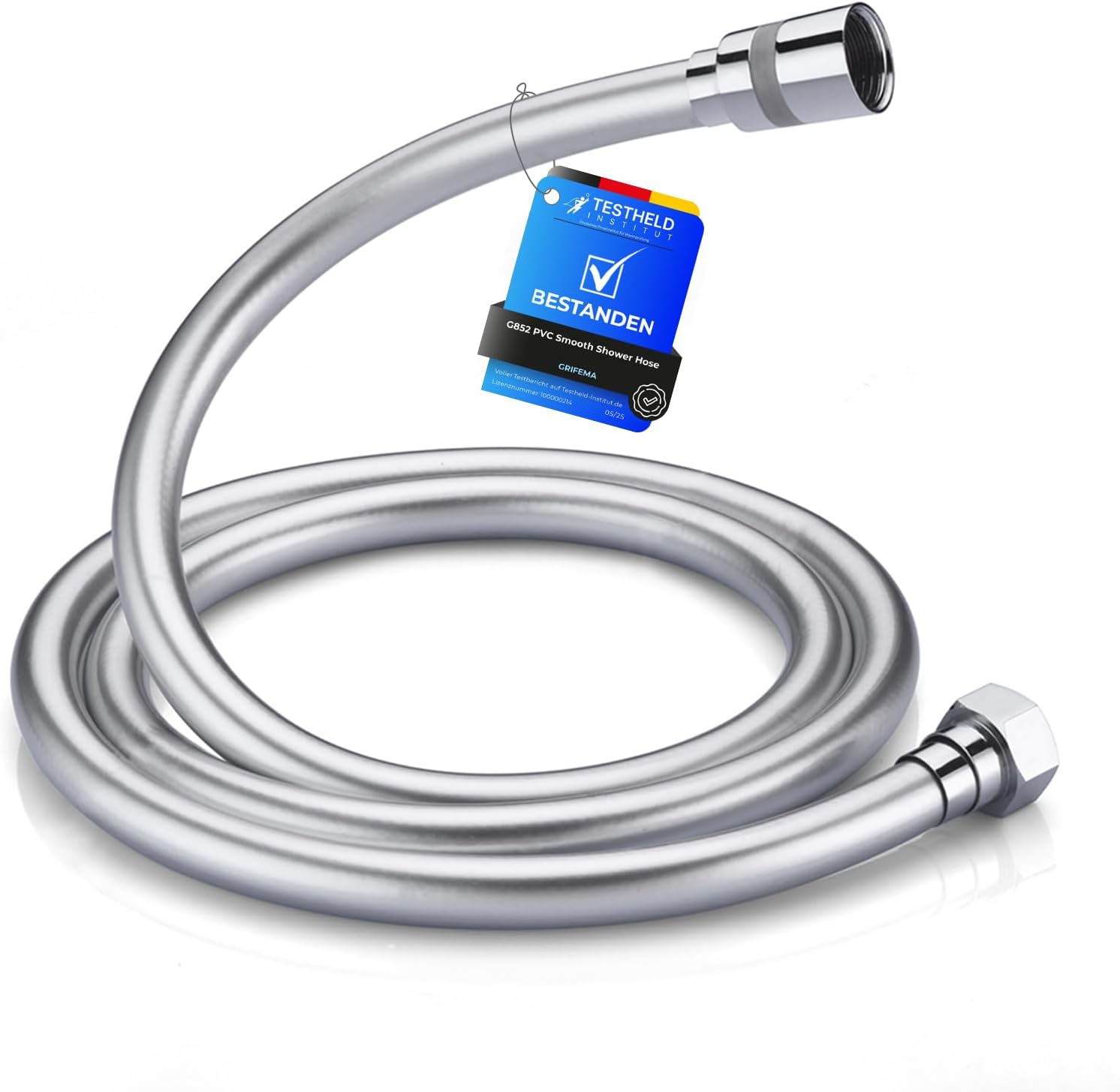 GRIFEMA Smooth Shower Hose 1.5m / 59 Inch – Flexible PVC Shower Hose, Anti-Kink & Leakproof, Universal G1/2" Fit, Durable Replacement Hose with Brass Connectors & Washers - Silver