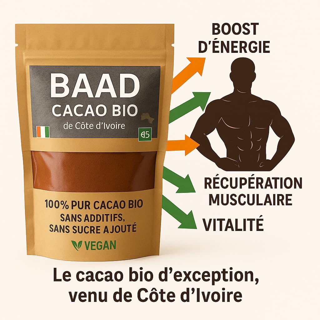 Cacao en Poudre Bio 250g – Pur & Naturel | Sans Sucre, Sans Gluten, Vegan | Origine Côte d’Ivoire | Sachet Zippé Fraîcheur | Superaliment Premium pour Boissons, Smoothies & Recettes