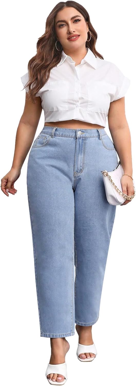 KISSPLUS Plus Size Tapered Jeans for Women High Waist Loose Women Jeans Curvy Stretchy Black and Blue Denim Pants for Women - Image 6