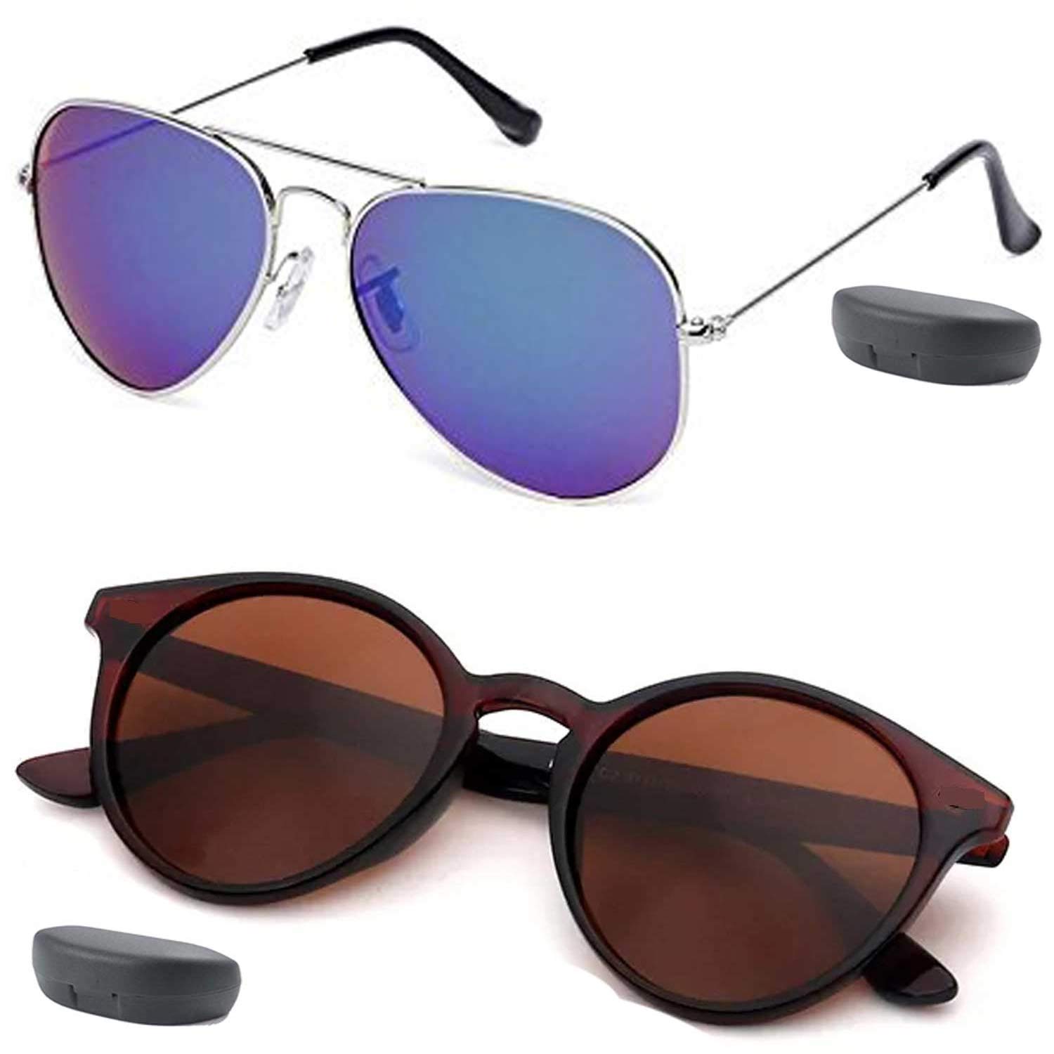 Y&S Unisex UV Protected Sunglasses For Mens Womens In Blue And Brown Combo Of 2 Man Woman Sun glasses Goggles Set (6M1M-U4BS-HH7O)