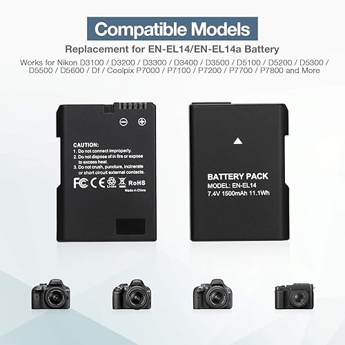 Miniatura 3 de EN-EL14 EN EL14A Cargador USB y 2 baterías recargables de repuesto compatibles con Nikon D3100 D3200 D3300 D3400 D3500 D5100 D5200 D5300 D5500 D5600