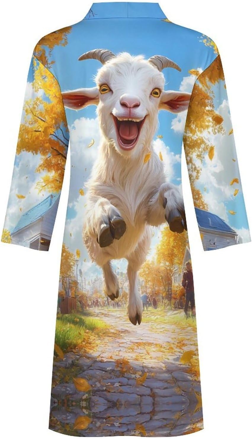 Funny Jump Goat Mens Robe Long Bathrobe for Women Bath Robes Lightweight Soft Printed Sleepwear