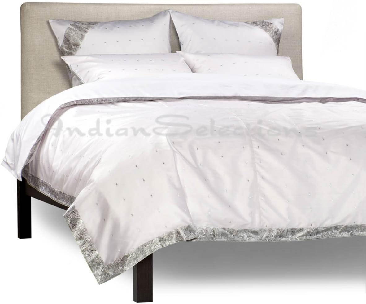 White Silver - 5 Piece Handmade Sari Duvet Cover Set with Pillow Covers/Euro Sham - Full