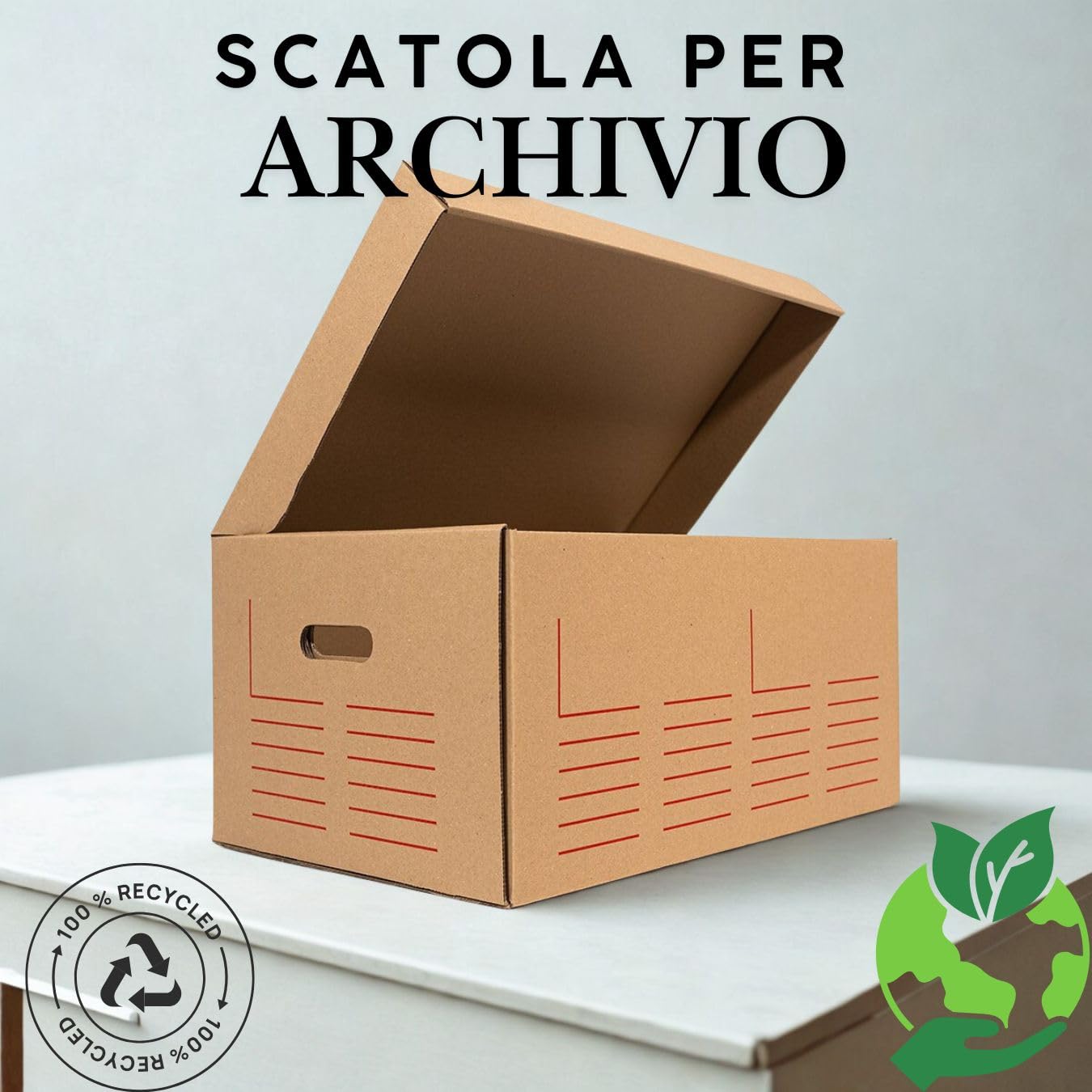 Generico Set 5 Scatole Archivio in Cartone Riciclato + 1 Scatola Grande 52x35x25 cm | Dorso 10 cm | Con Maniglie e Coperchio | Resistenti Impilabili Ecologiche | Ideali per Ufficio e Casa
