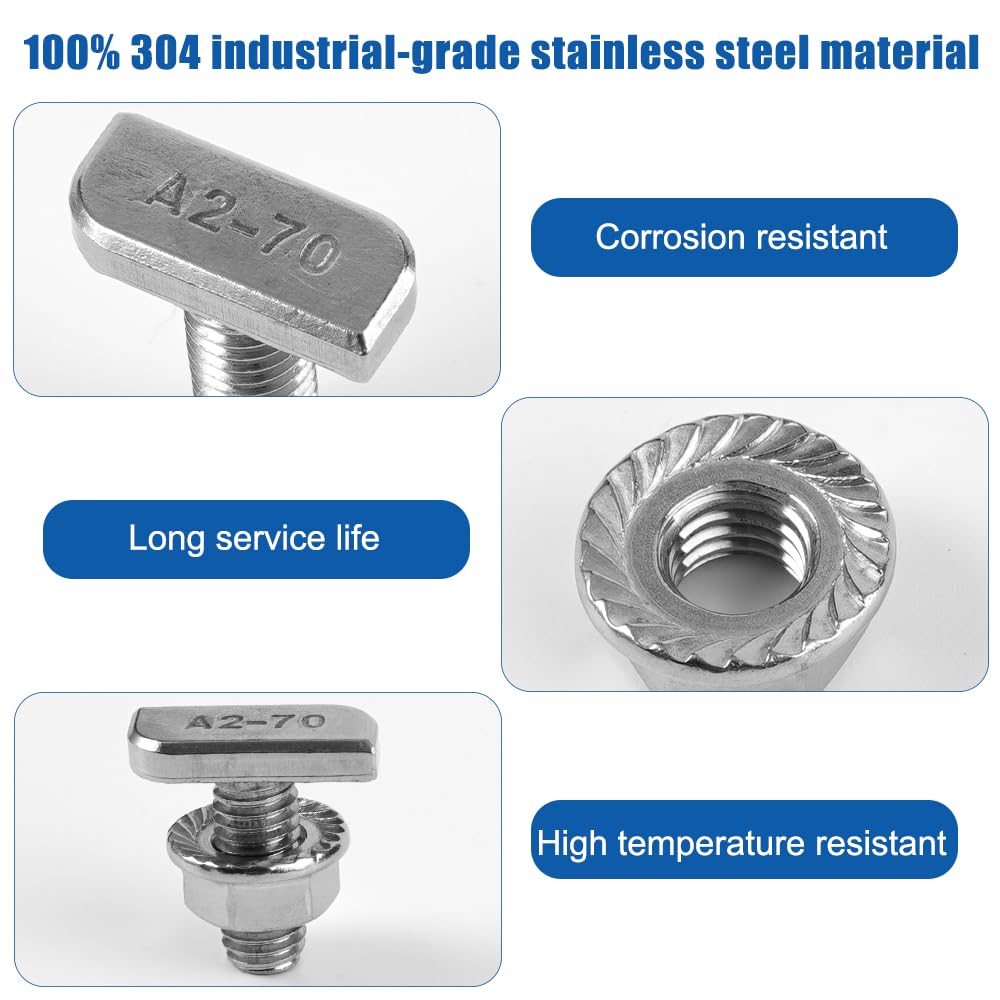 20 Pcs M8 x 20 mm Hammer Head Bolts, Stainless Steel with Flange Nut Set, T Hammer Head Screw with Locking Tooth Nuts, Greenhouse Screws for PV Solar Mounting Rails and Greenhouse Mounting