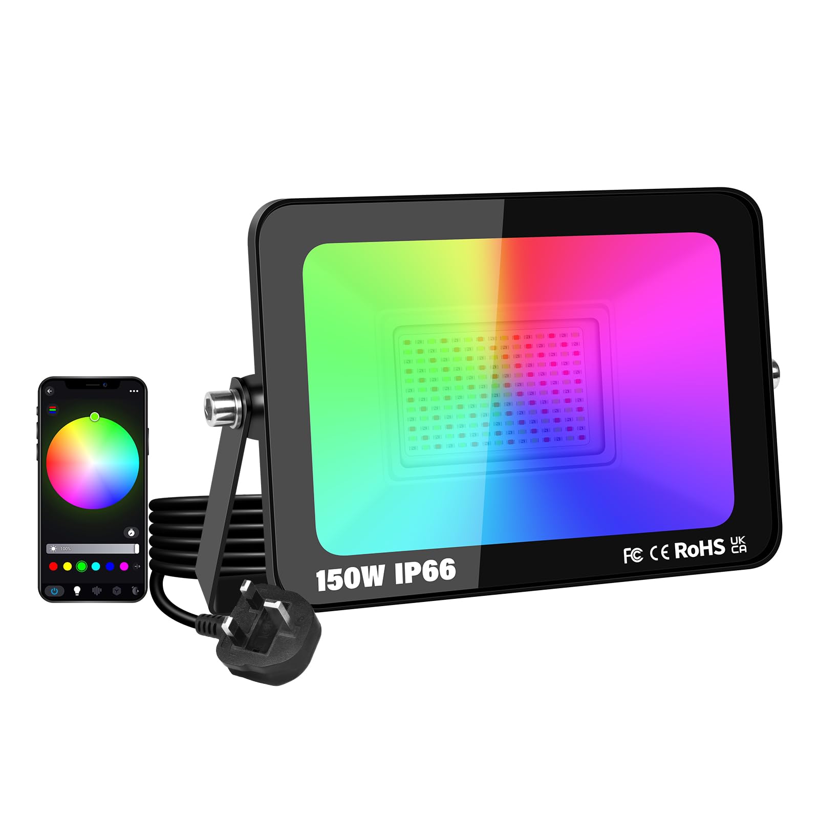 SKYWORLD 150W Smart LED RGB Spotlight, Remote Control & Bluetooth App Color-Changing Flood Light for Backyard Garden, Garage (1-Pack)