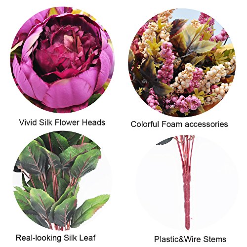 cn-Knight 1pcs Artificial Peony Bouquet,19 Inch Silk Peony Bunch with 7 Faux Flowers,Classical Style Artificial Flowers with Leaves and Ornaments for Wedding,Home Décor Centerpieces(Purple)