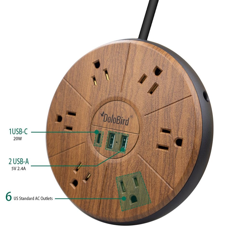 Power Strip Surge Protector 6 AC outlets with USB and USB-C PD 20W Fast Charging 15A 1875W high Power Output Widely Spaced Multi outlets Circuit Breaker Safeguard for Home,Office, Dorm Room