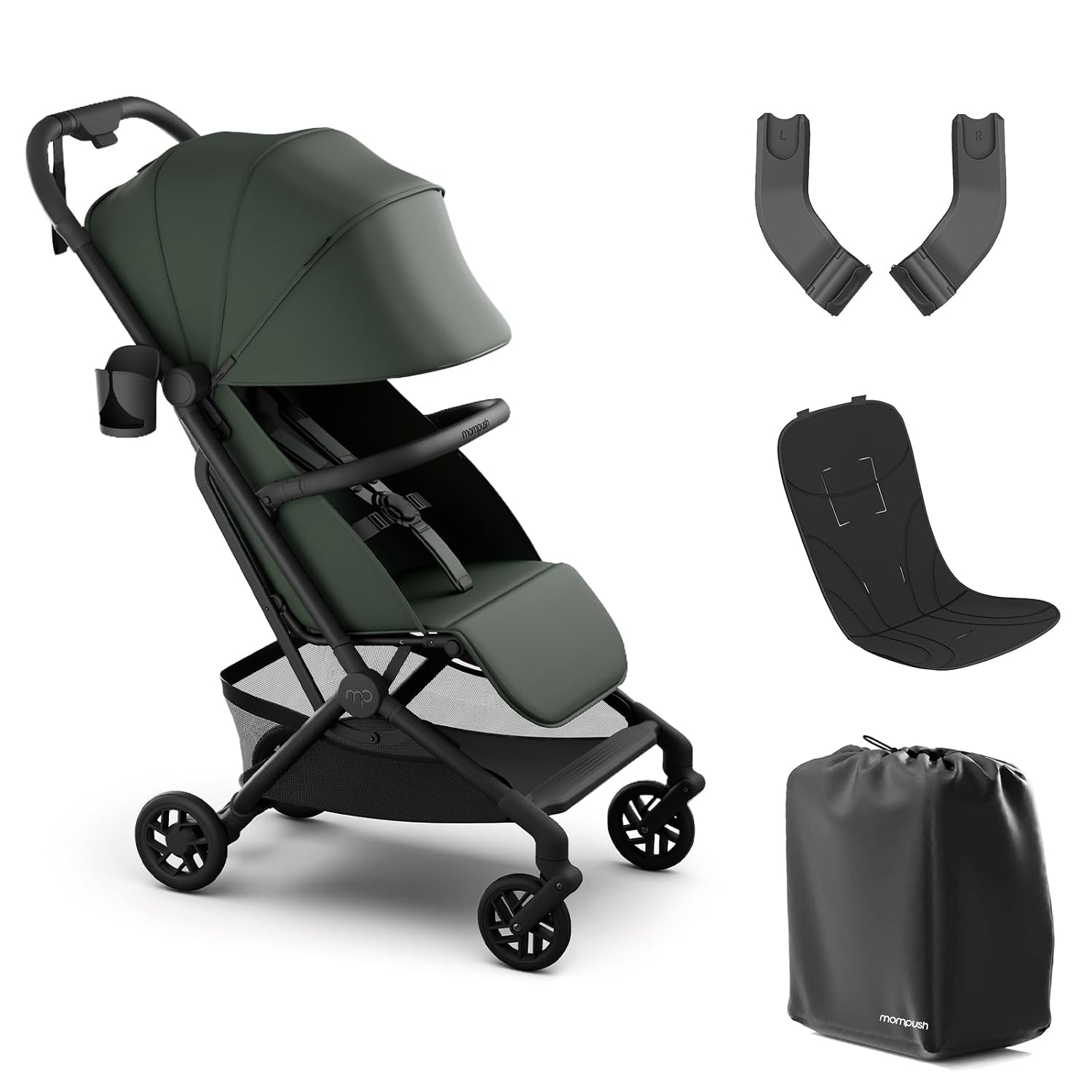 Mompush Velo Lightweight Travel Stroller, Compact & Airplane-Friendly for Baby and Toddler, Lie-Flat Seat, One-Hand Fold, with Leather Bumper Bar, Car Seat Adapter, Raincover, Storage Bag & Cup Holder