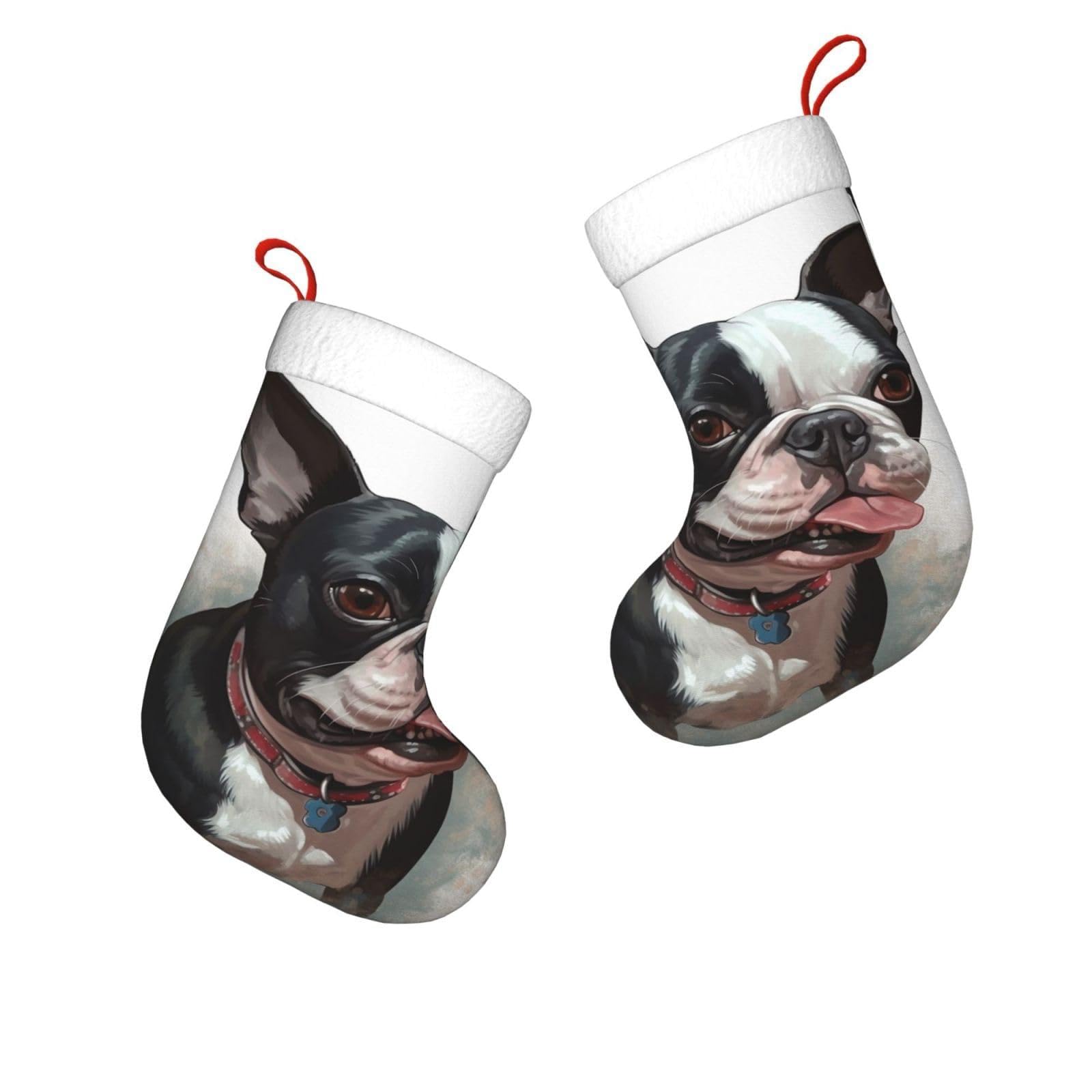 FodPand 17.7" Christmas Stocking 1 Piece, Boston Terrier Xmas Stockings with White Plush Cuff Fireplace Hanging Stocking for Christmas Holiday Party Decoration