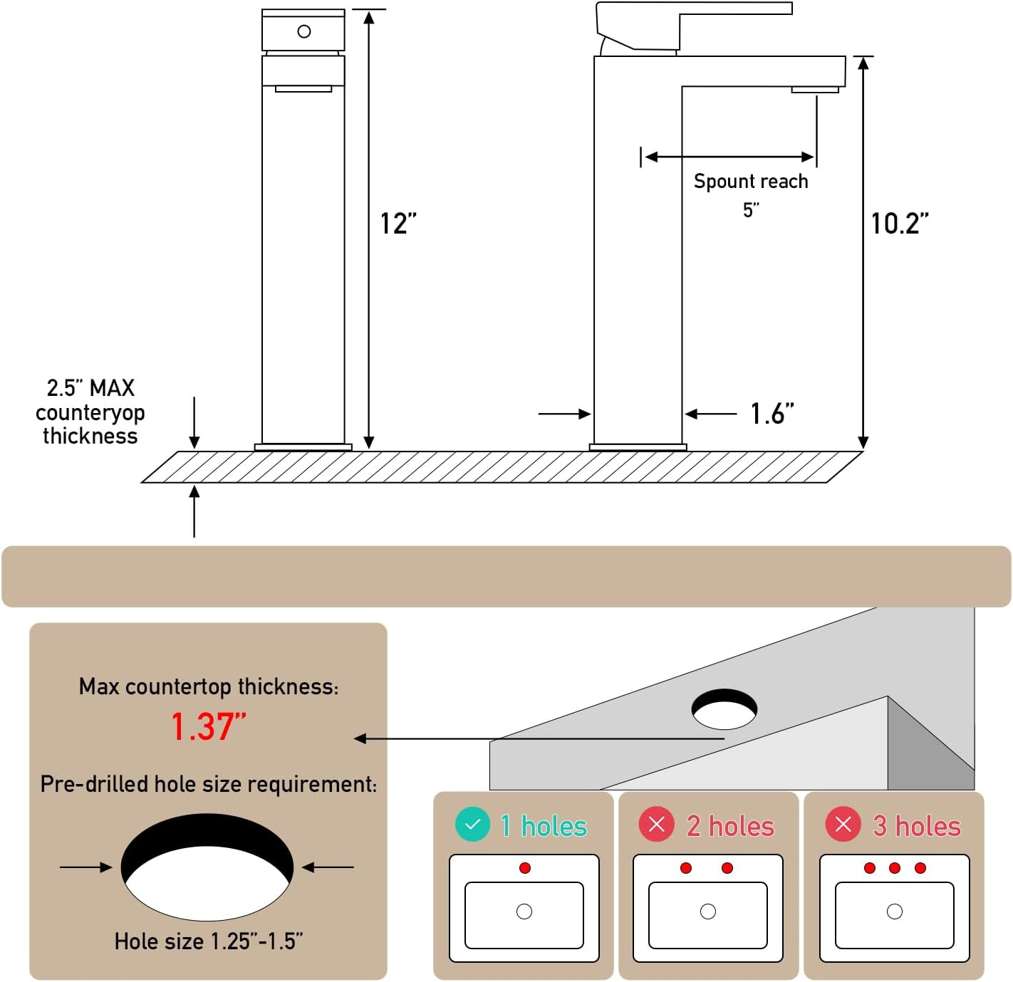 Brushed Gold Vessel Sink Faucet, 1 Hole Single Handle Tall Bathroom Vanity Faucets, Modern Utility Rv Laundry Bath Restroom Mixer Tap with Metal Pop Up Drain and 2 Water Supply Lines - Image 8