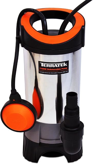 Terratek 1100W Stainless Steel Submersible Water Pump, Suitable for Pumping Dirty Water, Great for Swimming Pools, Flooded Cellars, Large Ponds & More