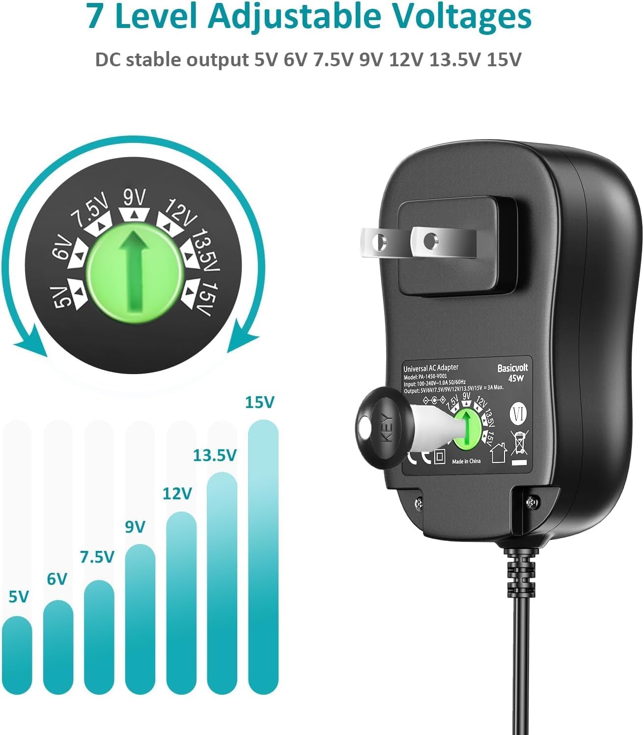 Universal Power Supply 5V 6V 7.5V 9V 12V 13.5V 15V 3A 2.5A AC DC Power Adapter 45W Wall Charger Cord with 5V 2A USB Port and 11 Tips for Electronics 2.5A 2500mA 3000mA 3Amp Max