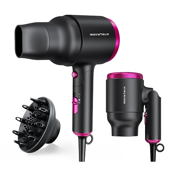 Wavytalk Foldable Mini Hair Dryer with Diffuser, Black/Pink/Rose Gold