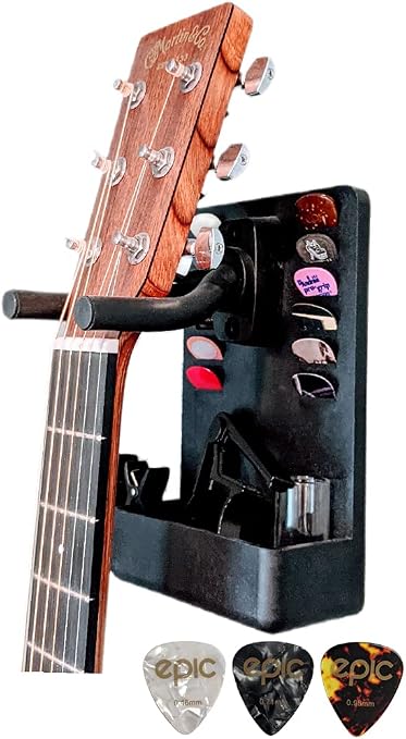 Amazon.com: Epic - Soporte de pared para guitarra con gran compartimento de  almacenamiento para accesorios y 12 ranuras de almacenamiento para púas de  guitarra, diseño elegante y compacto pendiente de patente, con