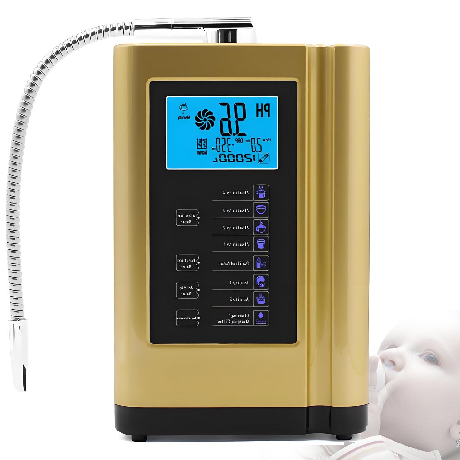 Macchina purificatrice d'Acqua, ionizzatore d'Acqua alcalina, PH 3,5-10,5, ORP Fino a 600 mV, con 7 impostazioni dell'Acqua, Pulizia Automatica, Controllo vocale Intelligente Gold