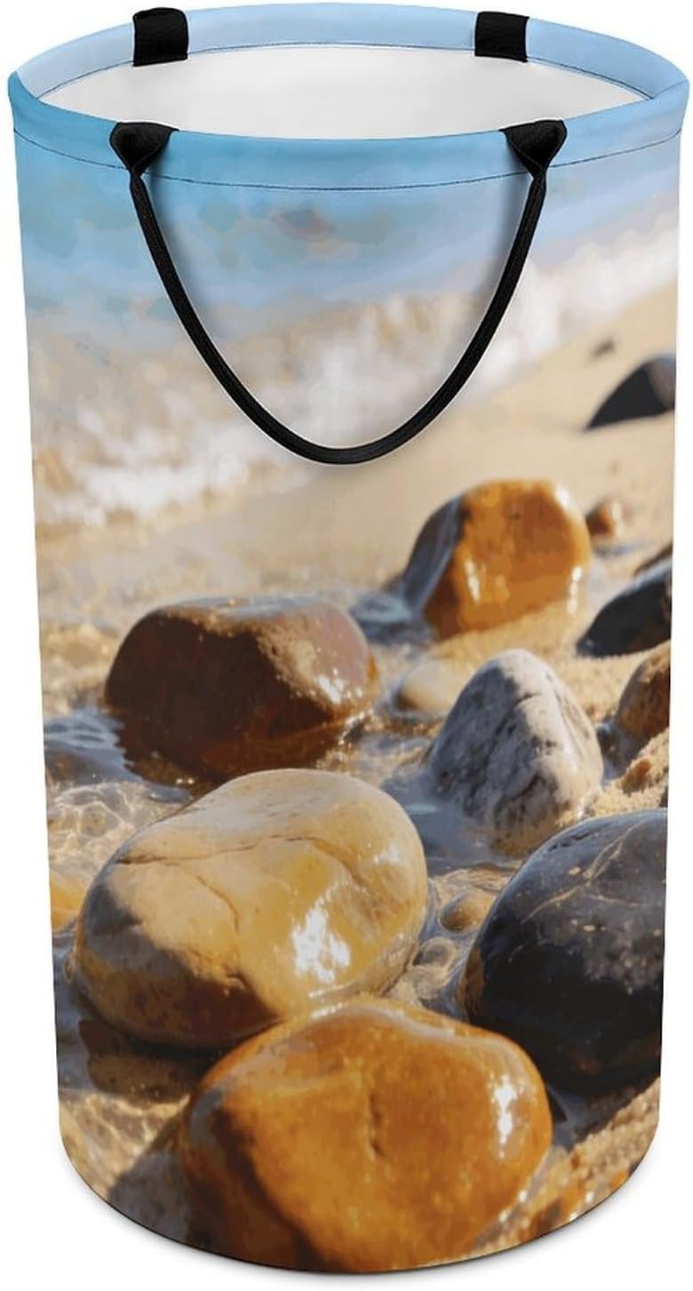 Colorful Stones on The Beach Laundry Hamper 86L Waterproof Collapsible Clothes Basket with Double Handles Freestanding Foldable Laundry Basket Large Clothes Hamper for Bathroom