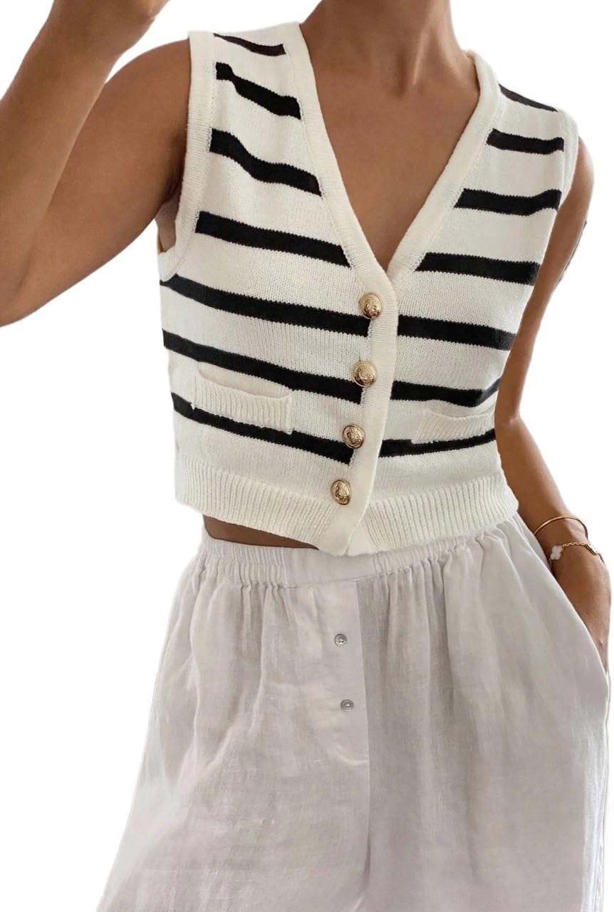 Women Fall Trendy Single-Breasted V-Neck Pocket Sleeveless Casual Sweater Vest Sweater Vest Top
