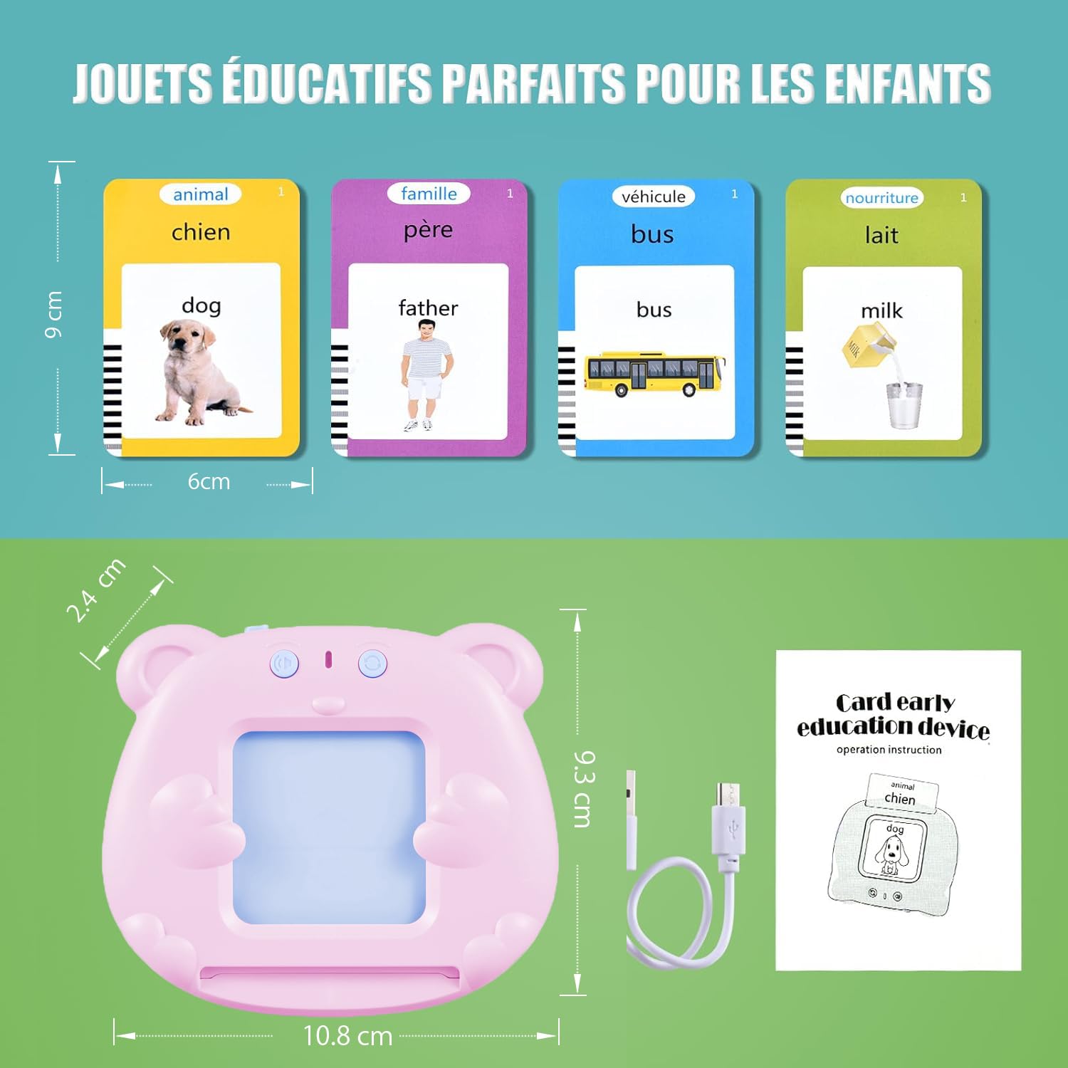 Mówiące karty flash Montessori edukacyjne dla dzieci w wieku 3 lat Rozmowa Flash Cards 112 arkuszy 224 słowa, zabawki edukacyjne do nauki mówienia, francuski/angielski/dwujęzyczny (różowy)