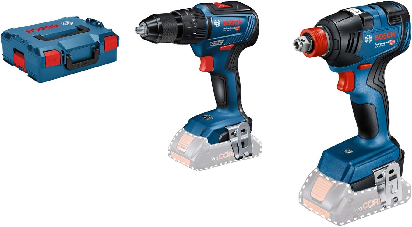 Bosch Professional 06019J2203 18V System GDX 18V-200 & GSB 18V-55 (L-Boxx Without Batteries) Cordless Drill Set, 18 V, Blue
