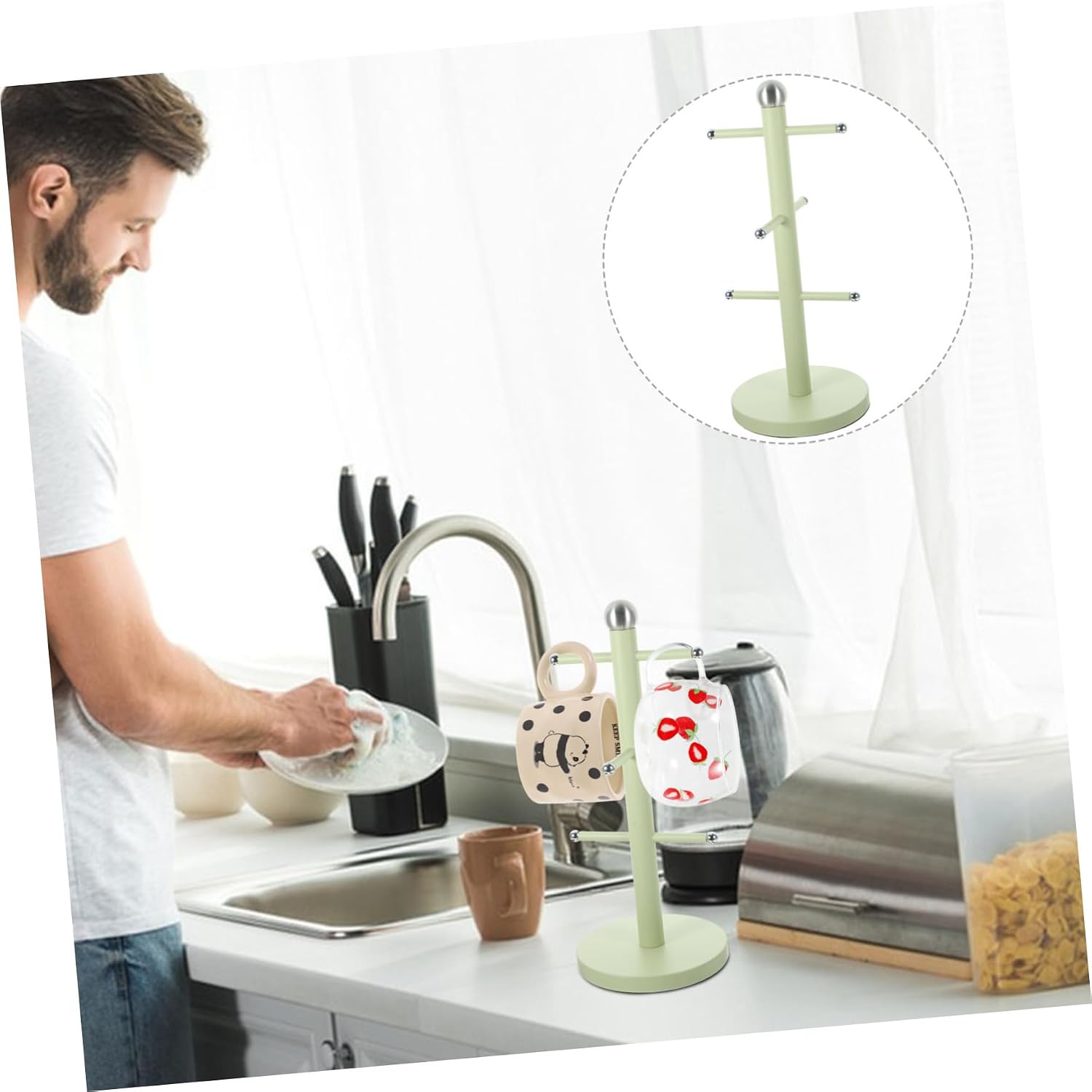 1pc Multipurpose Mug Tree Stand for Home Space-Saving Coffee Cup Holder Multiple Posts Easy Access Organizer for Kitchen and Coffee Bar Use Milk White Finish