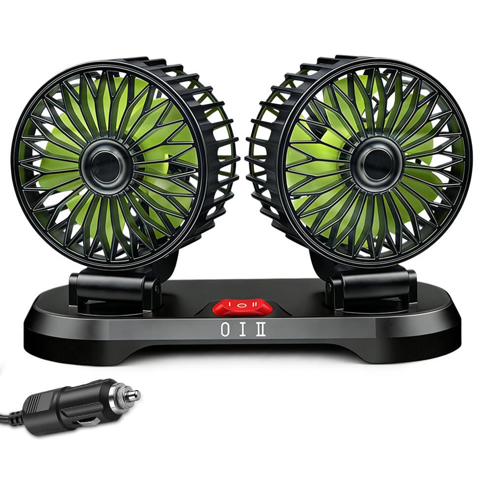 Auto-Ventilateur, 12V Double Tête Ventilateur Auto, Ventilateur Voiture avec Rotation 360° et 2 Vitesses – Se branche sur l'allume-cigare pour SUV, camping-cars, quads et bateaux