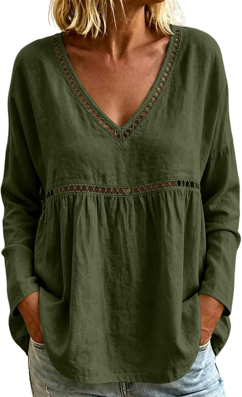 Womens Boho Tops Long Sleeve V Neck Loose Shirts Blouses | Hollow Out Lace Trim, Casual Flowy Tunics, Relaxed Babydoll Fit, Breathable Spring Clothes, Everyday Boho Style