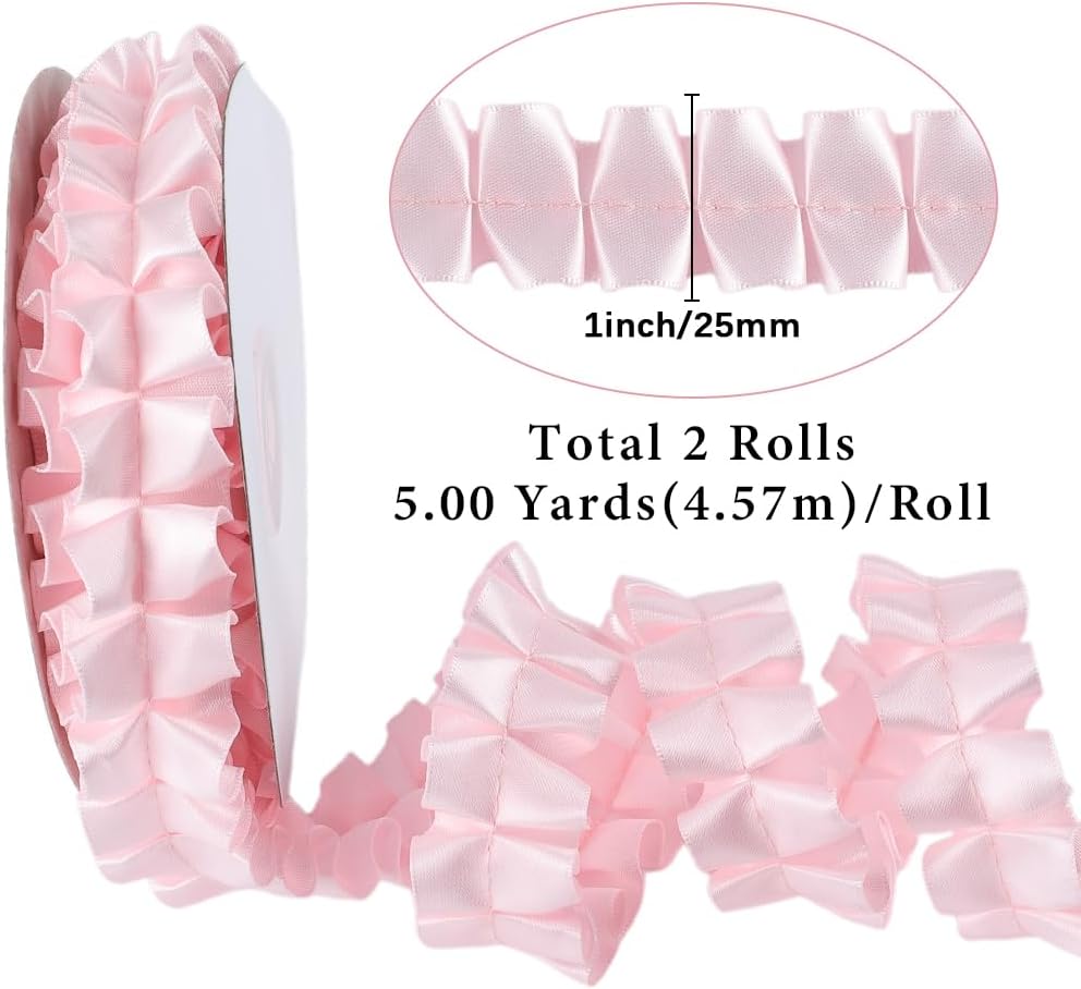 10 Yards Pleated Ribbon Trim Pink Vintage Satin Gathered Ruffle Edge Trimming Polyester Double Sided Ruffled Fabric Ribbons for Sewing Making Crafts Wedding Bridal DIY Dresses Decor Supply