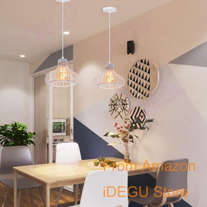 iDEGU iDEGU Hanglamp, industriële kroonluchter, plafondlamp, lampenkap van metaal, kooivorm, vintage lamp voor keuken, eetkamer, woonkamer, slaapkamer, bar, hal, restaurant, kooi, A, 23 cm, wit, 2 stuks photo 2