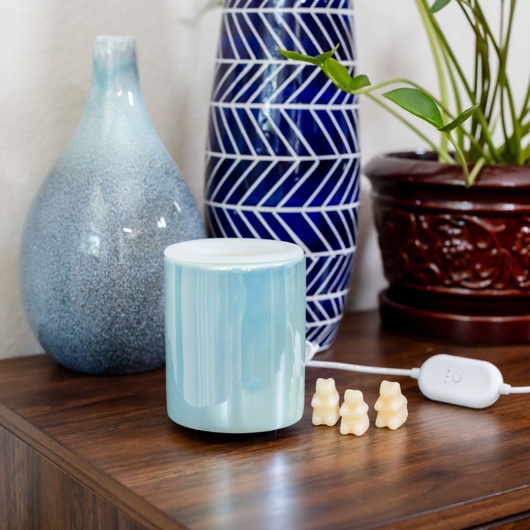 Happy Wax Iridescent Blue Mini Mod Warmer for Scented Wax - Small Tabletop with Timer - Electric, Ceramic with Removable No Mess Silicone Dish