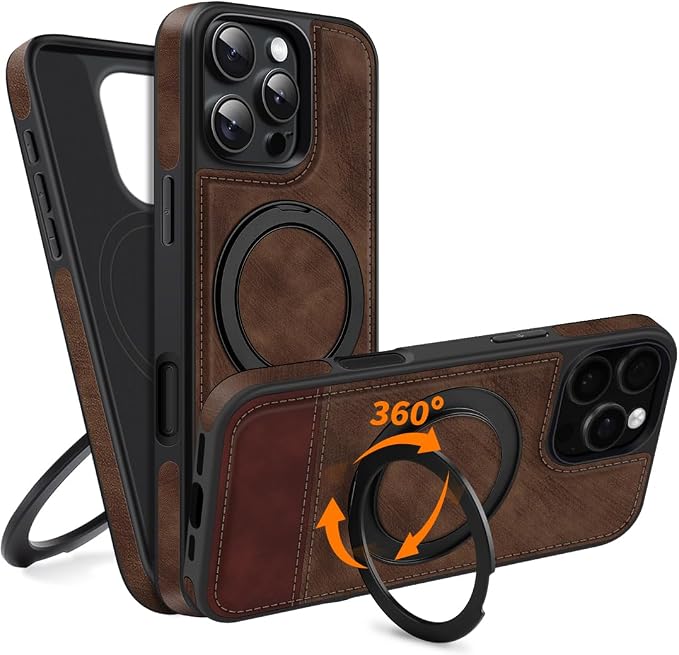 COODIO Etui Skórzane z Stojak Zwracany o 360° do iPhone 16 Pro 6,3 cala, Magnetyczne Etui kompatybilne z MagSafe, Cienka i Kreatywna Cover, Brązowy