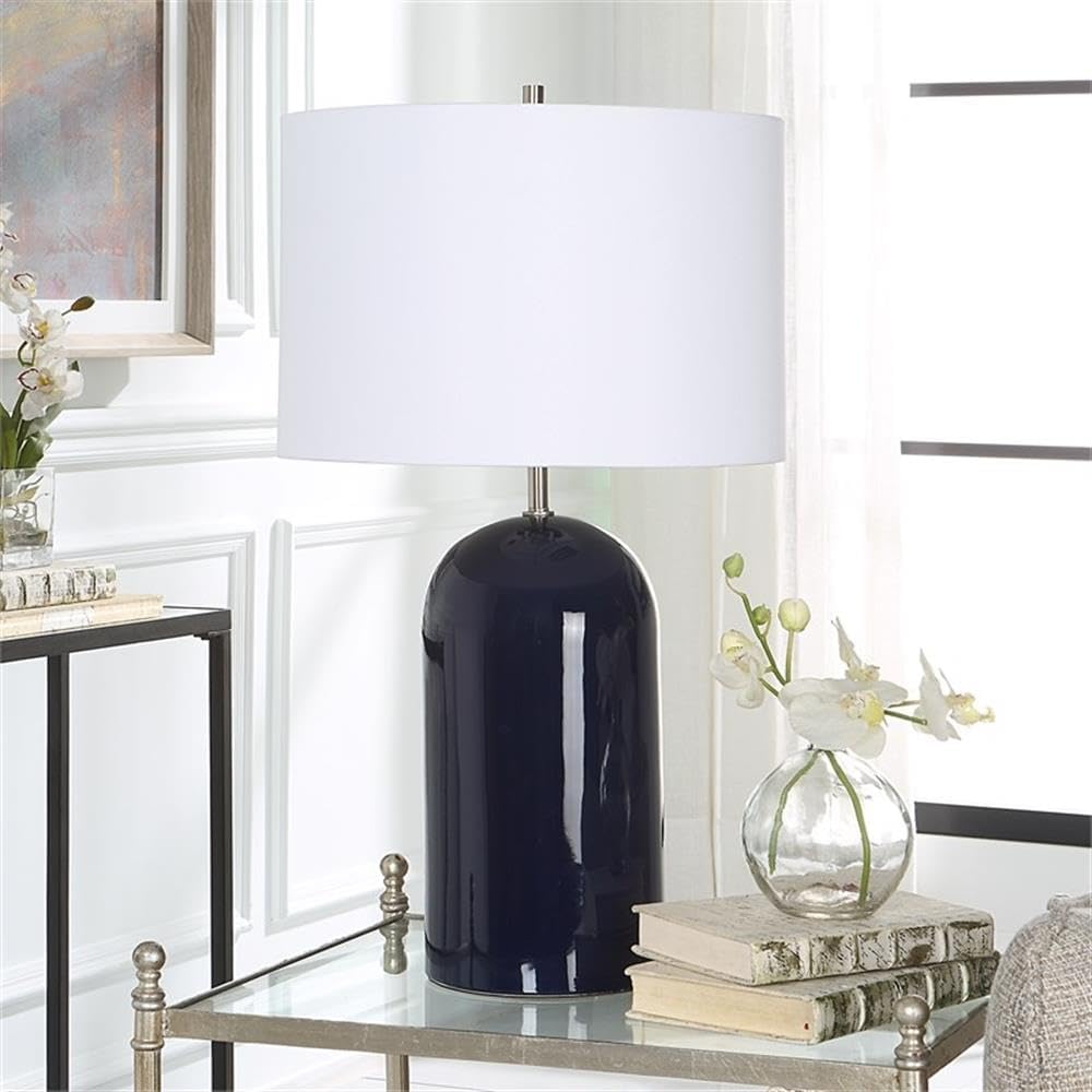 BOWERY HILL 1-Light Coastal Ceramic Table Lamp, Navy Blue Finish with Brushed Nickel Accents, White Linen Round Hardback Shade, 27 in Height, Contemporary Transitional Design for Living Room or