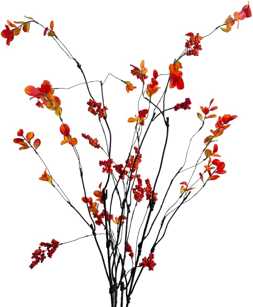 Faux Berry Stems and Fall Eucalyptus Stems Set,Long Stem Fall Branches for Vase,Orange Artificial Berries Autumn Decorations for Home Wedding Pottery Barn Fall Decor (4, Red Green)