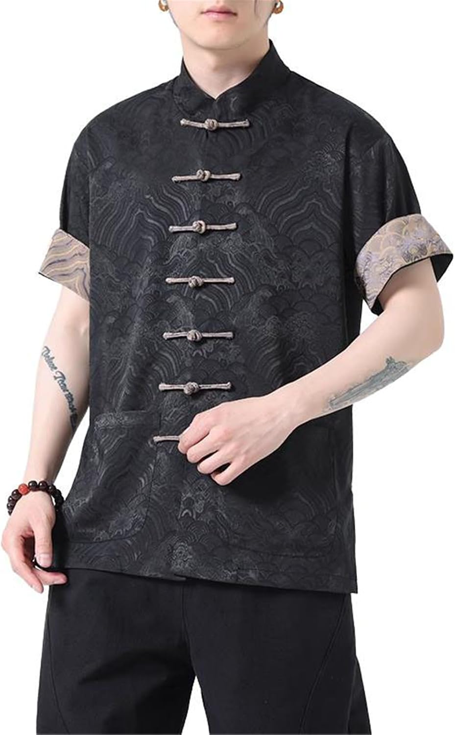 Men's Chinese Style Short Sleeved Shirt Tang Suit Stand-Up Collar Kung Fu Casual Summer T-Shirt Tops