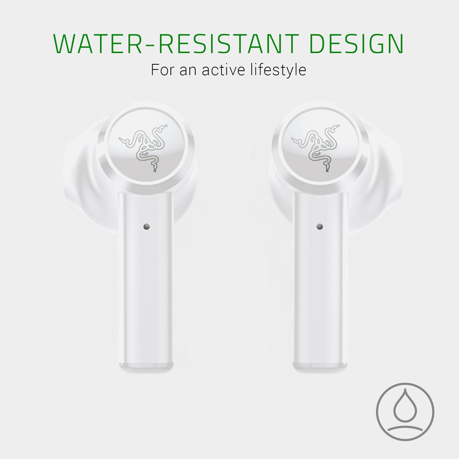 Razer Hammerhead True Wireless Earbuds with 'Water-Resistant Design' text