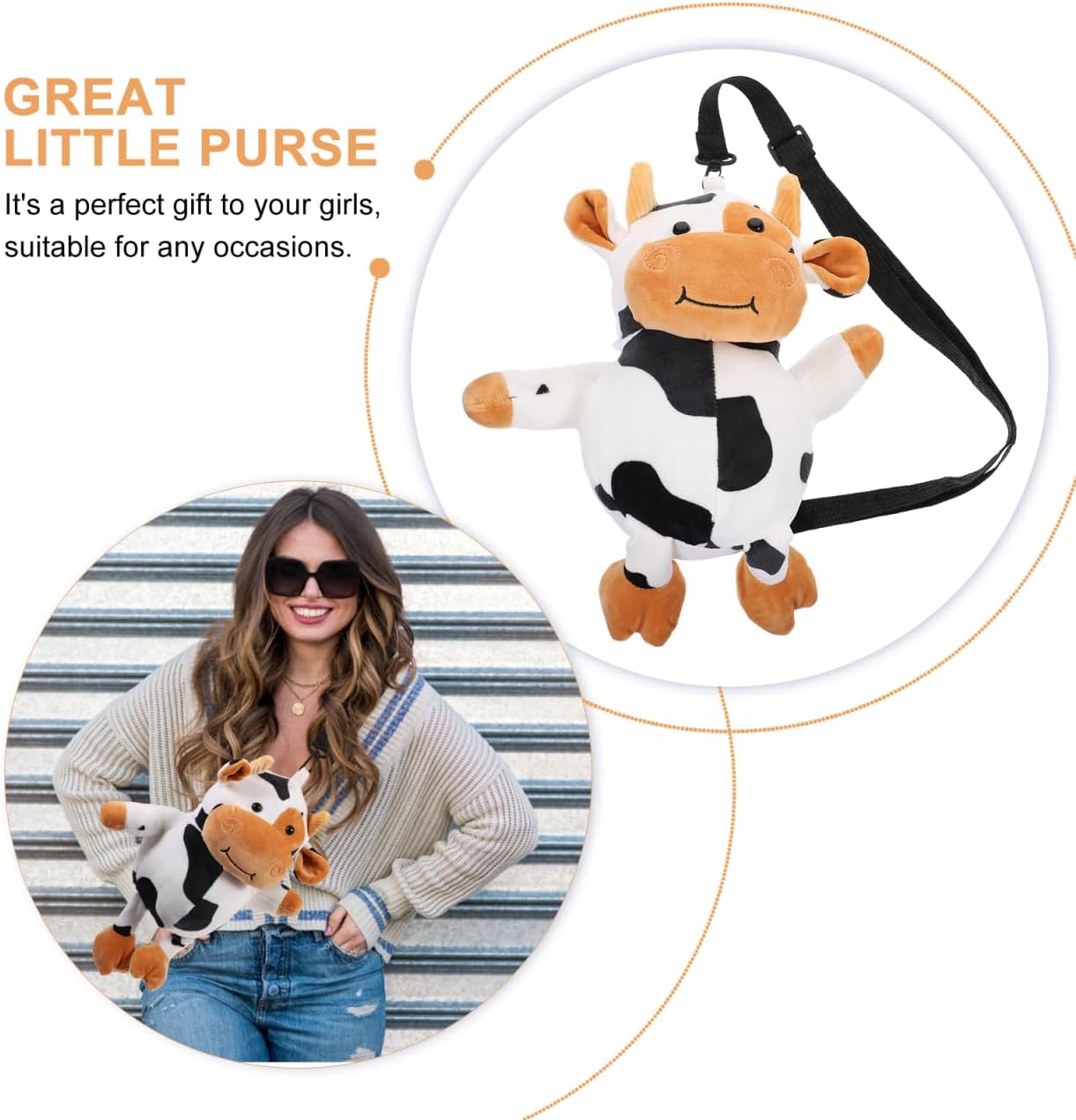 Healeved Cow Shape Crossbody Bag for Girls Plush Animal Purse with Adjustable Strap Lightweight Soft Plush Handbag for Travel and Shopping Kids Cute Zippered Bag for Phone Keys Coins