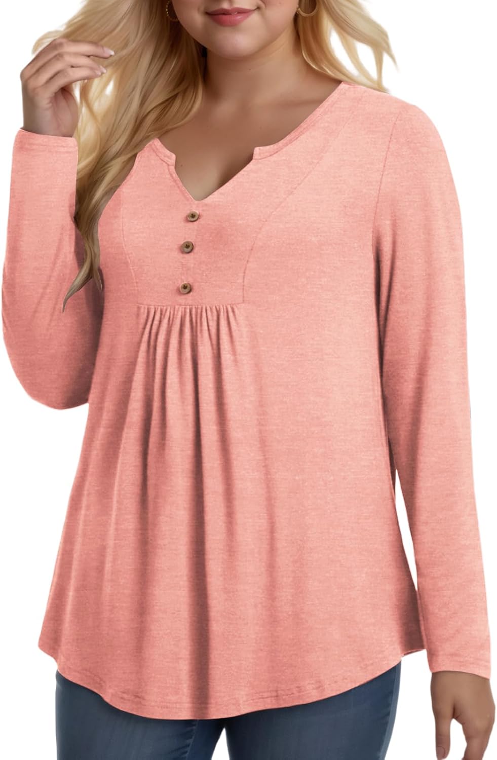 VISLILY Womens-Plus-Size-Dressy-Tops Cute V Neck Henley Shirts Flowy Pleated Long Sleeve Tunic Fall Casual Buttons Up Blouses - Image 2