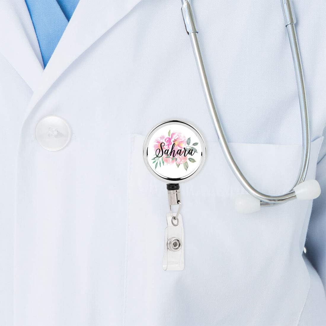 Andaz Press Retractable Badge Reel Holder with Clip, Heavy Duty Metal Name Tag Retractable ID Key Belt Clip Pink Peonies Flowers, Floral Custom Name