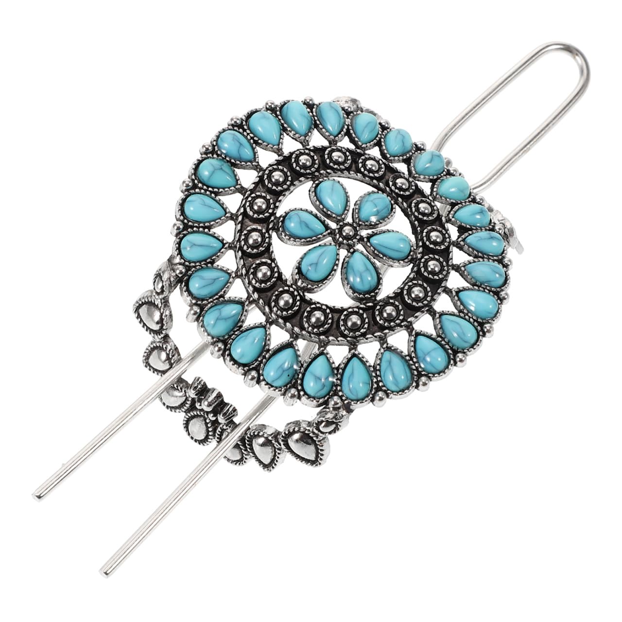 KALLORY Women's Retro Vintage Chinese Turquoise Decorative Hair Fork and Flower Hairpin Ornament Holder